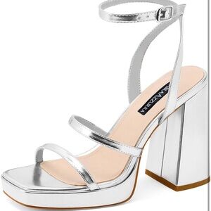 Metallic Silver Block Heel Sandals